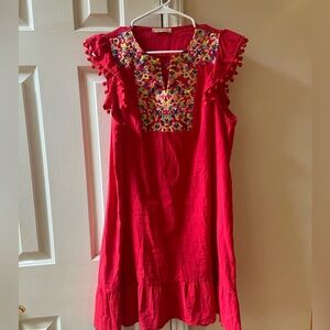 Boutique Dress / Red with embroidery and poms